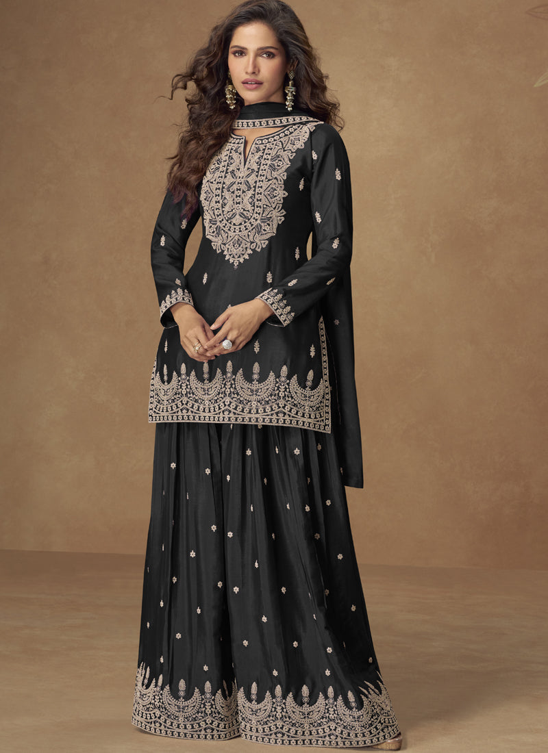 Vegaa Fashion Black Chinon Silk Embroidered Palazzo Suit