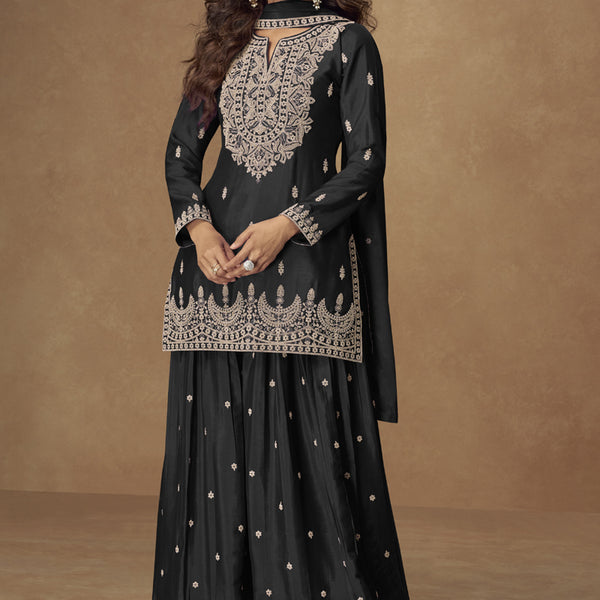 Vegaa Fashion Black Chinon Silk Embroidered Palazzo Suit