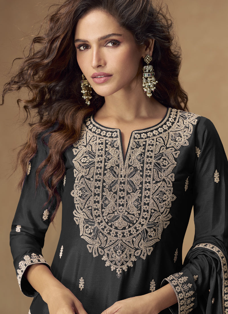 Vegaa Fashion Black Chinon Silk Embroidered Palazzo Suit