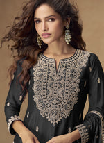 Thumbnail for Vegaa Fashion Black Chinon Silk Embroidered Palazzo Suit