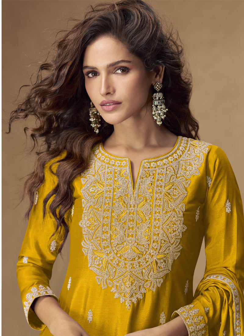 Vegaa Fashion Yellow Chinon Silk Embroidered Palazzo Suit