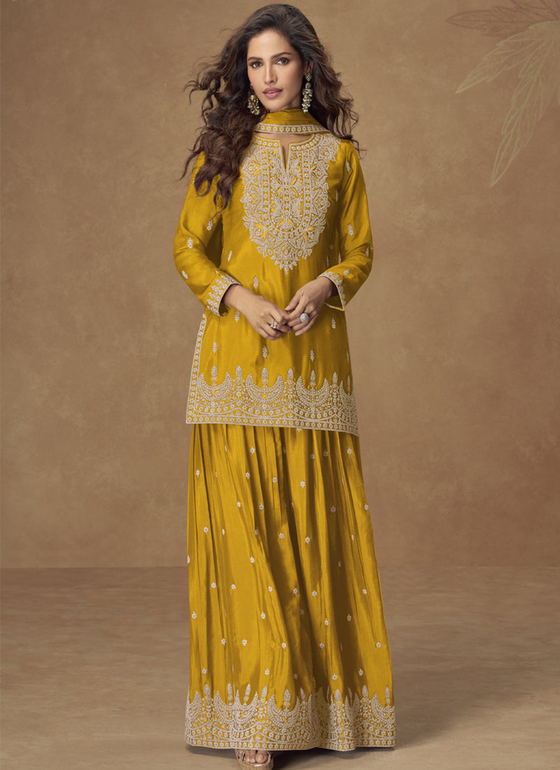 Vegaa Fashion Yellow Chinon Silk Embroidered Palazzo Suit