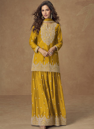 Vegaa Fashion Yellow Chinon Silk Embroidered Palazzo Suit