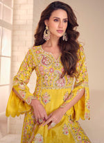 Thumbnail for Vegaa Fashion Yellow Shimmer Silk Embroidered Designer Palazzo Suit - Distacart