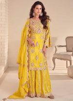Thumbnail for Vegaa Fashion Yellow Shimmer Silk Embroidered Designer Palazzo Suit - Distacart
