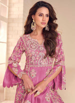Thumbnail for Vegaa Fashion Onion Pink Shimmer Silk Embroidered Designer Palazzo Suit - Distacart
