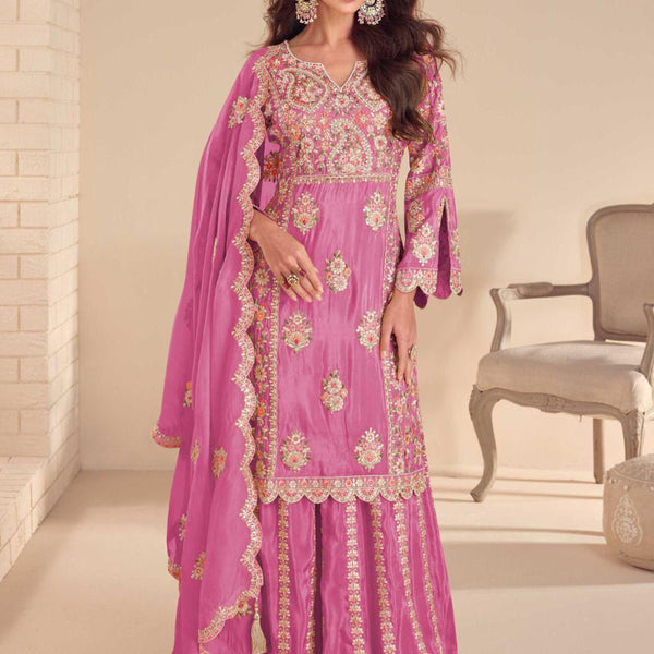Vegaa Fashion Onion Pink Shimmer Silk Embroidered Designer Palazzo Suit - Distacart