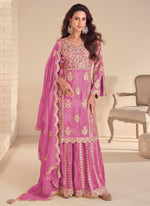 Thumbnail for Vegaa Fashion Onion Pink Shimmer Silk Embroidered Designer Palazzo Suit - Distacart