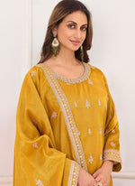 Thumbnail for Vegaa Fashion Dark-Yellow Embroidery Real Simar Silk Salwar Suit - Distacart