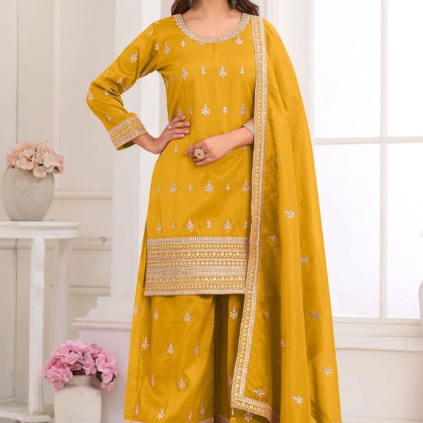 Vegaa Fashion Dark-Yellow Embroidery Real Simar Silk Salwar Suit - Distacart