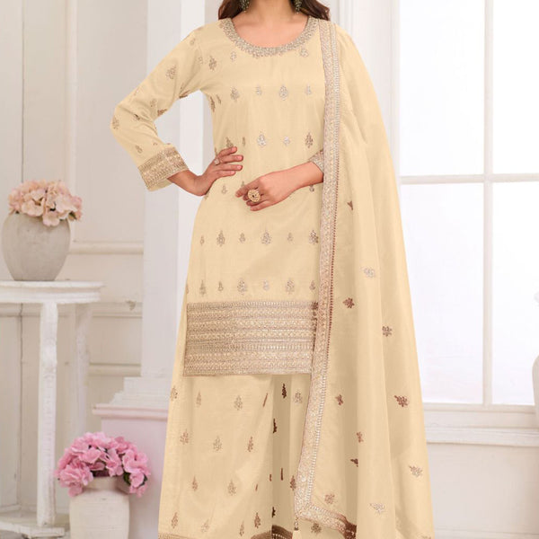 Vegaa Fashion Cream Embroidery Real Simar Silk Salwar Suit - Distacart