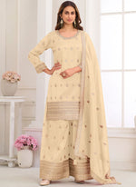 Thumbnail for Vegaa Fashion Cream Embroidery Real Simar Silk Salwar Suit - Distacart