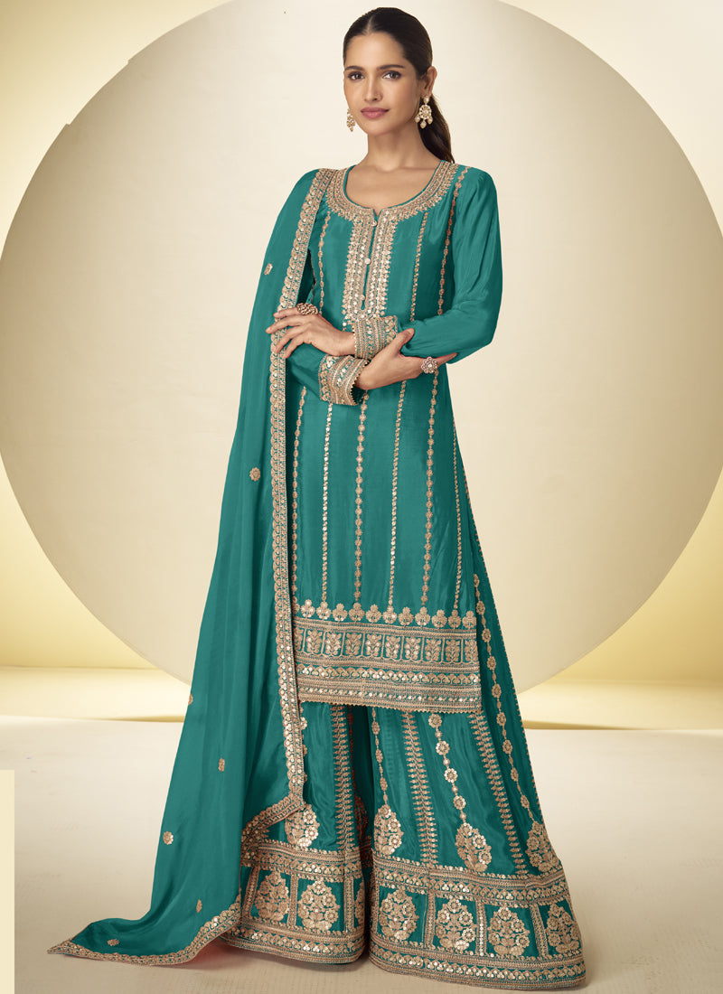 Vegaa Fashion Turquoise Embroidered Chinon silk Plazzo Suit - Dista