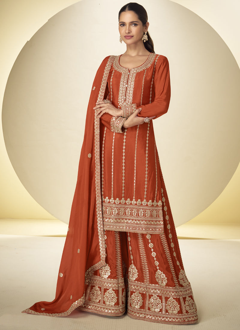 Vegaa Fashion Orange Embroidered Chinon silk Salwar Suit - Dista