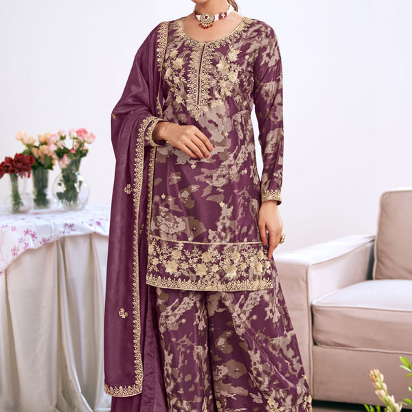 Vegaa Fashion light-purple Embroidery Chinon Silk Salwar suit - Distacart
