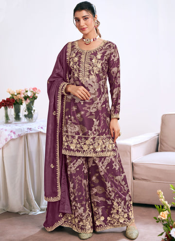 Vegaa Fashion light-purple Embroidery Chinon Silk Salwar suit - Distacart