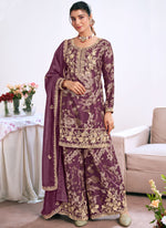 Thumbnail for Vegaa Fashion light-purple Embroidery Chinon Silk Salwar suit - Distacart