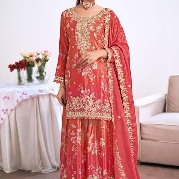 Vegaa Fashion Red Embroidery Chinon Silk Salwar suit - Distacart