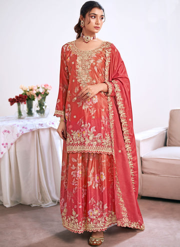 Vegaa Fashion Red Embroidery Chinon Silk Salwar suit - Distacart