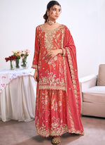 Thumbnail for Vegaa Fashion Red Embroidery Chinon Silk Salwar suit - Distacart