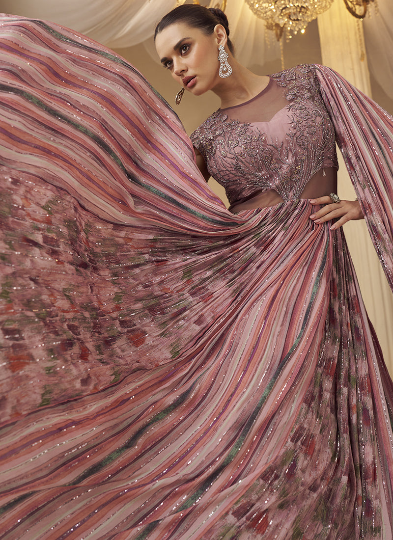 Vegaa Fashion Onion Pink Chinon Silk Embroidered Trendy Wedding Look Stylish Gown - Distacart