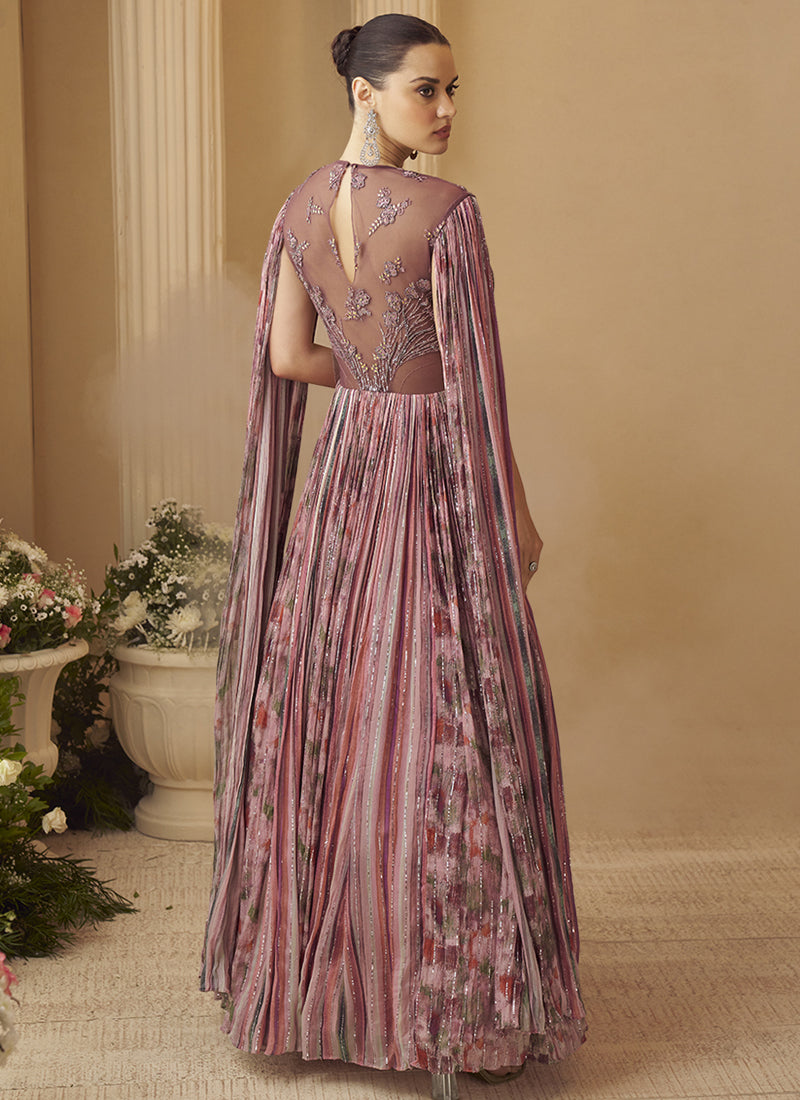 Vegaa Fashion Onion Pink Chinon Silk Embroidered Trendy Wedding Look Stylish Gown - Distacart