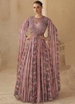 Thumbnail for Vegaa Fashion Onion Pink Chinon Silk Embroidered Trendy Wedding Look Stylish Gown - Distacart