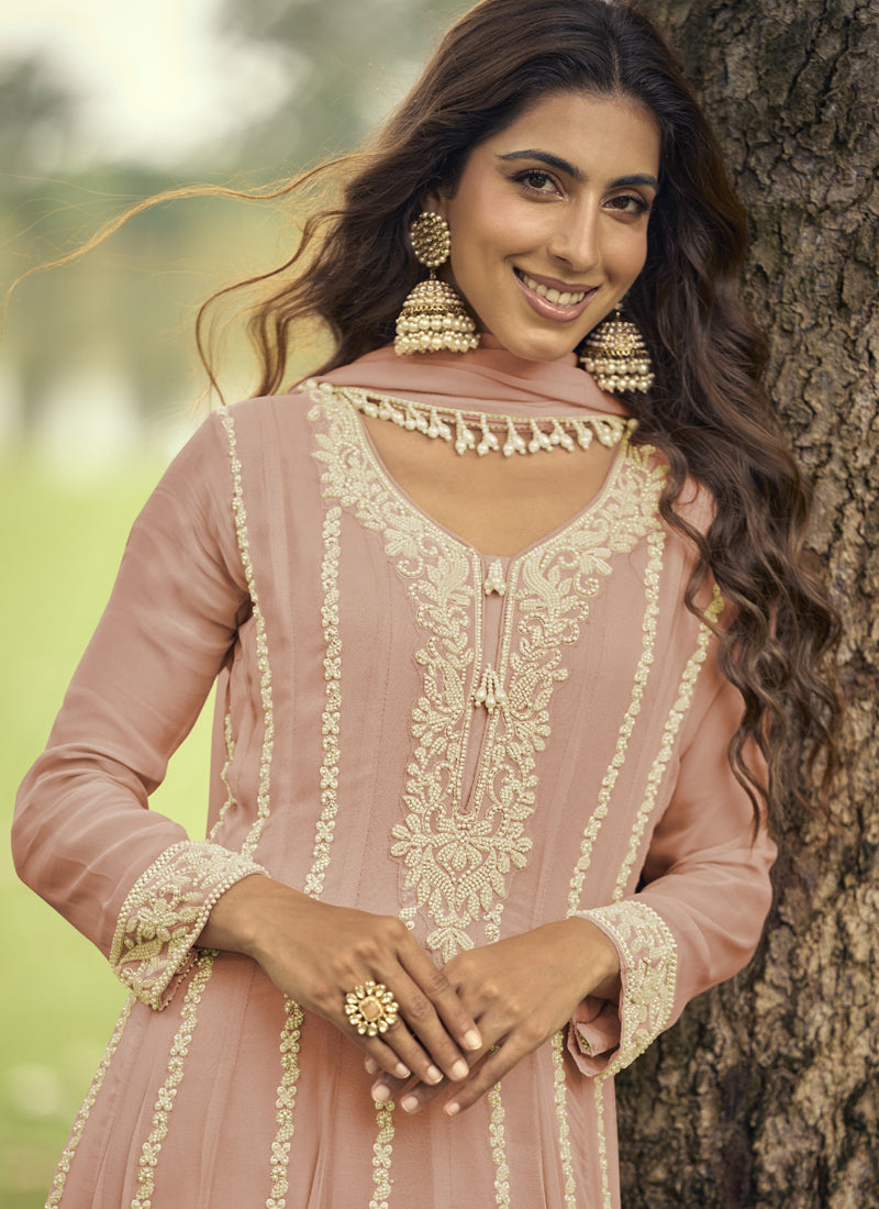 Vegaa Fashion Peach Embroiderd Premium Georgette Anarkali Suit - Distacart