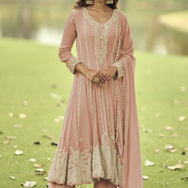 Vegaa Fashion Peach Embroiderd Premium Georgette Anarkali Suit - Distacart