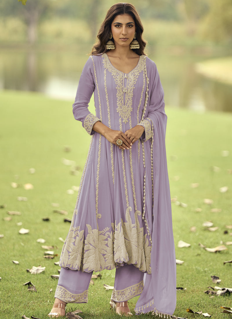 Vegaa Fashion Light-Purple Embroiderd Premium Georgette Anarkali Suit - Distacart