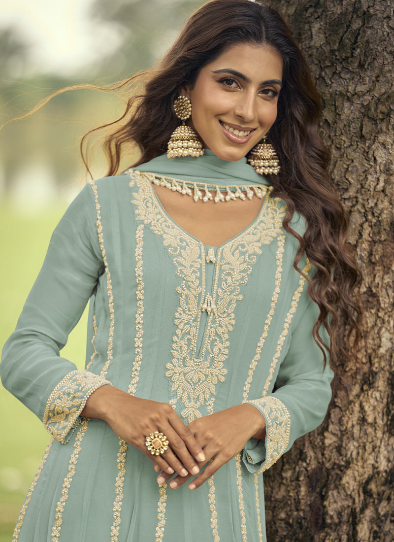 Vegaa Fashion Light-Green Embroiderd Premium Georgette Anarkali Suit - Distacart