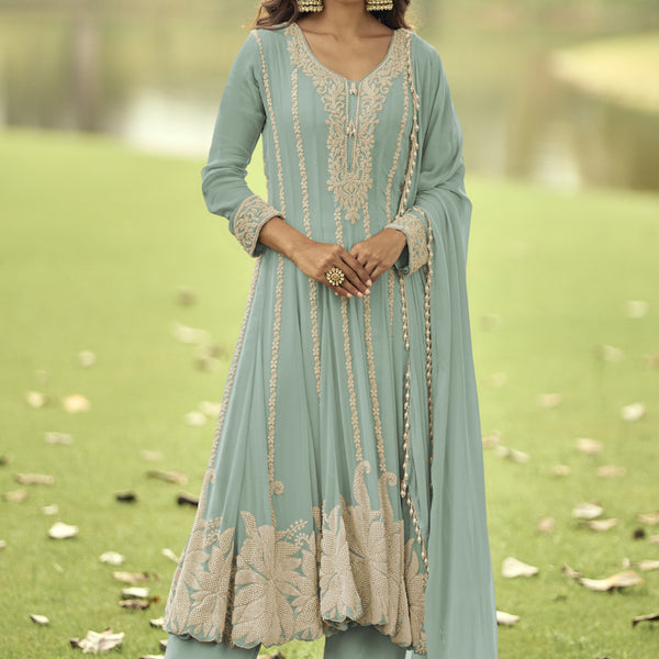 Vegaa Fashion Light-Green Embroiderd Premium Georgette Anarkali Suit - Distacart