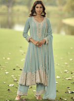 Thumbnail for Vegaa Fashion Light-Green Embroiderd Premium Georgette Anarkali Suit - Distacart