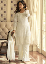 Thumbnail for Vegaa Fashion Off White Georgette Embroidered Beads Work Palazzo Suit - Distacart