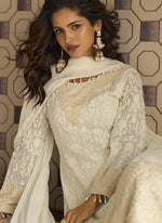 Thumbnail for Vegaa Fashion Off White Georgette Embroidered Beads Work Palazzo Suit - Distacart