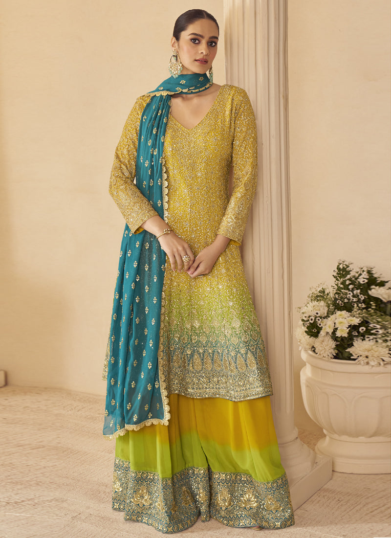 Vegaa Fashion Yellow Georgette Embroidered Seroski Zarkan Work Palazzo Suit