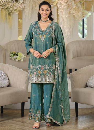 Vegaa Fashion Turquoise Embroidered Roman Silk Salwar Suit - Dista