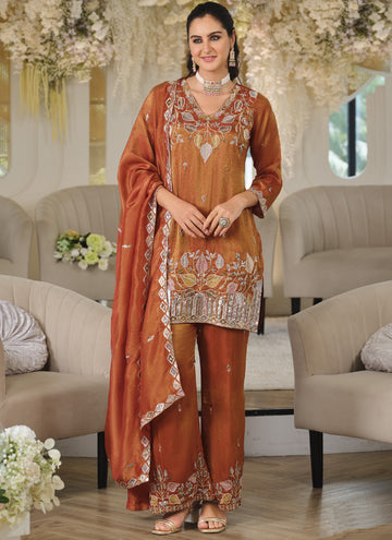 Vegaa Fashion Orange Embroidered Roman Silk Salwar Suit - Dista