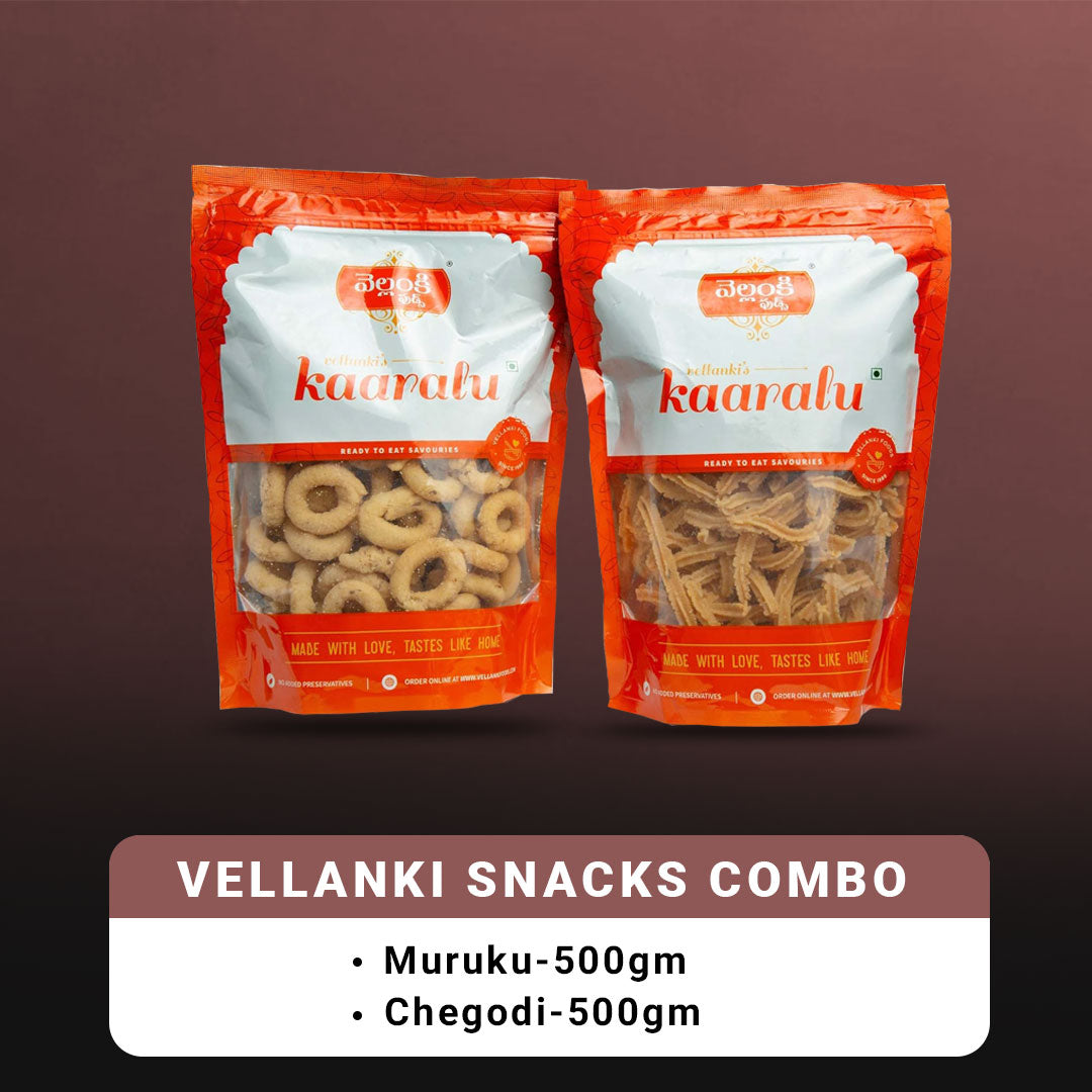 Vellanki Foods Andhra Snacks Combo - Muruku (500 gm), Chegodi (500 gm) - Distacart