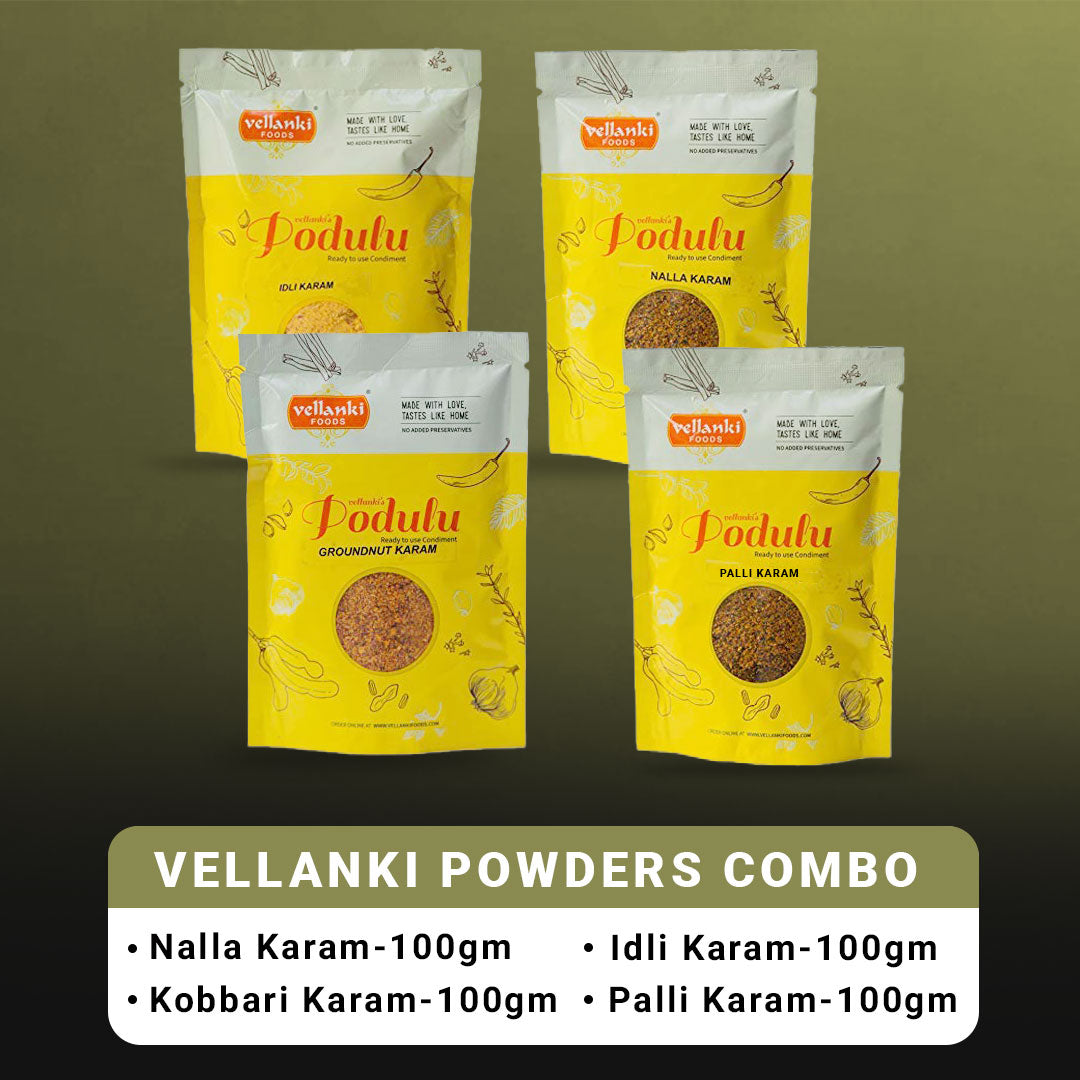 Vellanki Foods Powders 4 Pack Combo (Each 250 gm) - Nalla Karam, Idli Karam, Kobbari Karam, Palli Karam - Distacart