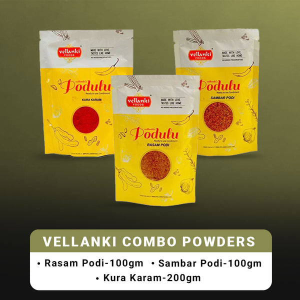 Vellanki Foods Combo Powders - Rasam Podi, Sambar Podi, Kura Karam (250 gms Each) - Distacart