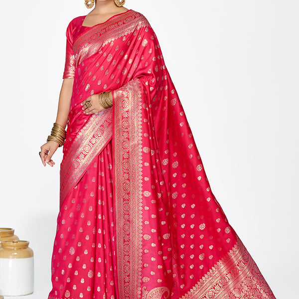 Vellora Rani Pink Premium Banarasi Silk Saree with Rich Golden Zari