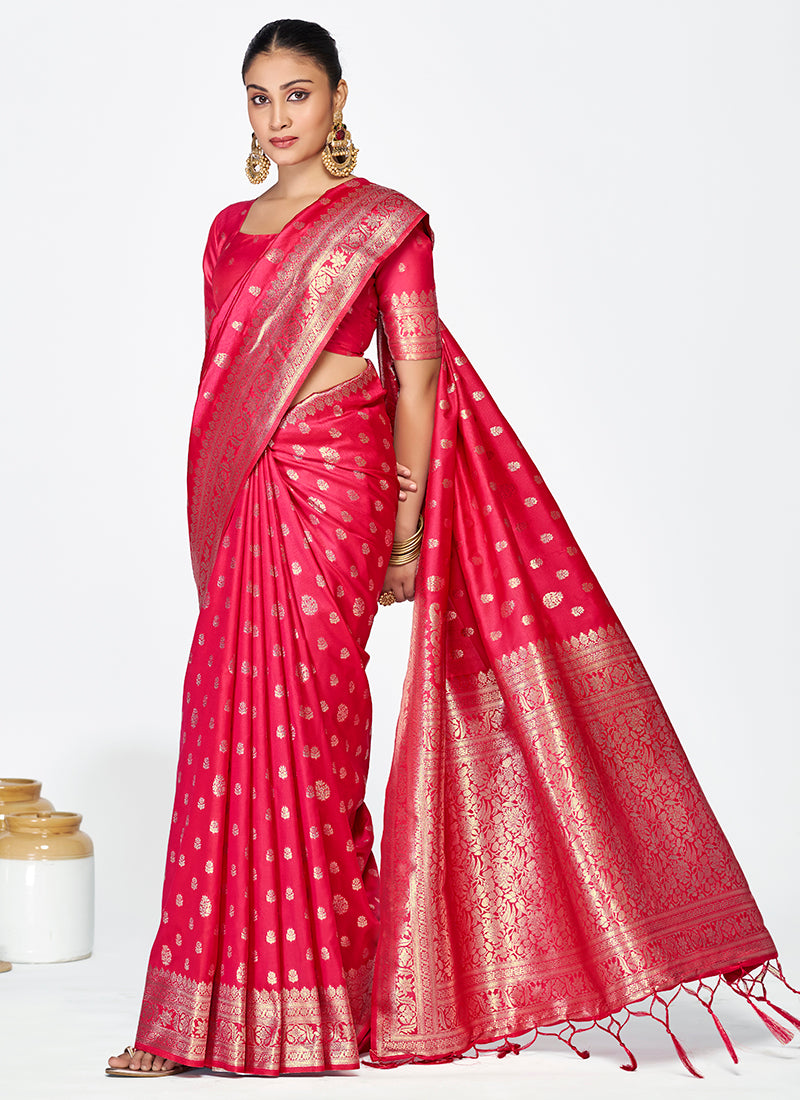 Vellora Rani Pink Premium Banarasi Silk Saree with Rich Golden Zari - Distacart