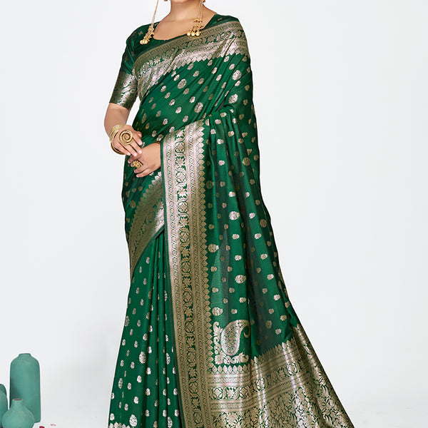Vellora Emerald Green Banarasi Silk Saree with Antique Golden Zari