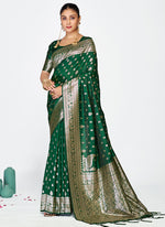 Thumbnail for Vellora Emerald Green Banarasi Silk Saree with Antique Golden Zari