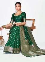 Thumbnail for Vellora Emerald Green Banarasi Silk Saree with Antique Golden Zari