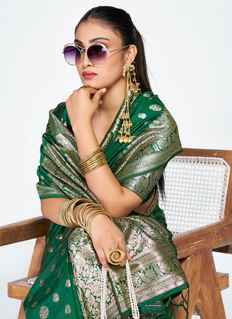 Vellora Emerald Green Banarasi Silk Saree with Antique Golden Zari