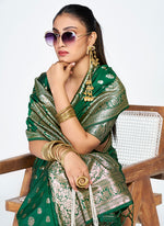 Thumbnail for Vellora Emerald Green Banarasi Silk Saree with Antique Golden Zari