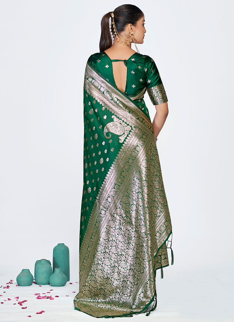 Vellora Emerald Green Banarasi Silk Saree with Antique Golden Zari