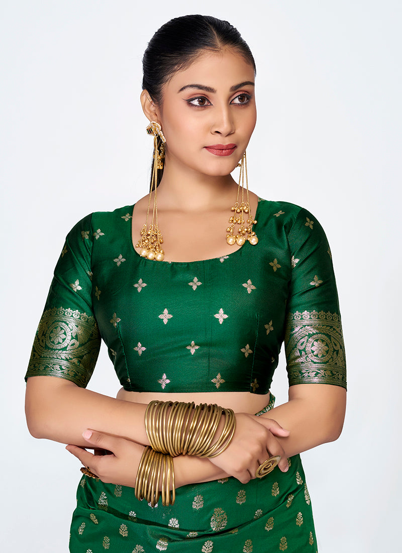 Vellora Emerald Green Banarasi Silk Saree with Antique Golden Zari